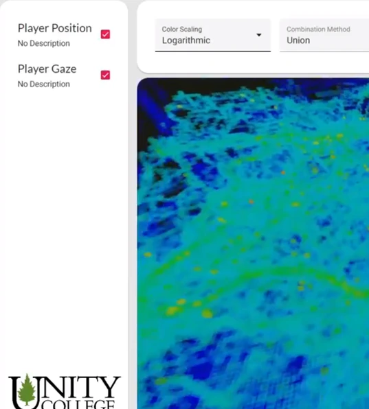 View of the simulation playback in the Recolude web app. It shows the combination of heatmaps of both the player's gaze and position.