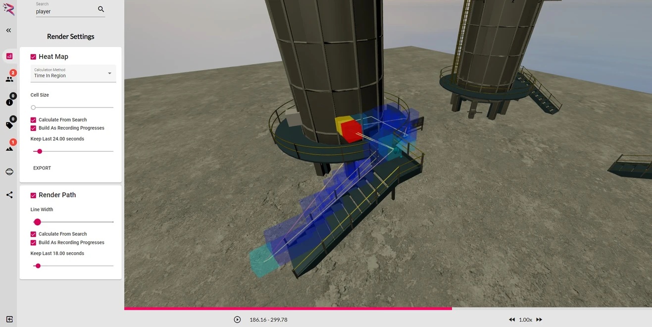 View of the simulation playback in the Recolude web app. A heatmap builds behind the tracked object- in this case a trainee in the fired heater simulator.