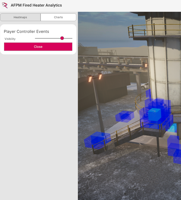 View of the simulation playback in the custom desktop app. A heatmap builds based on user position throughout the simulation.