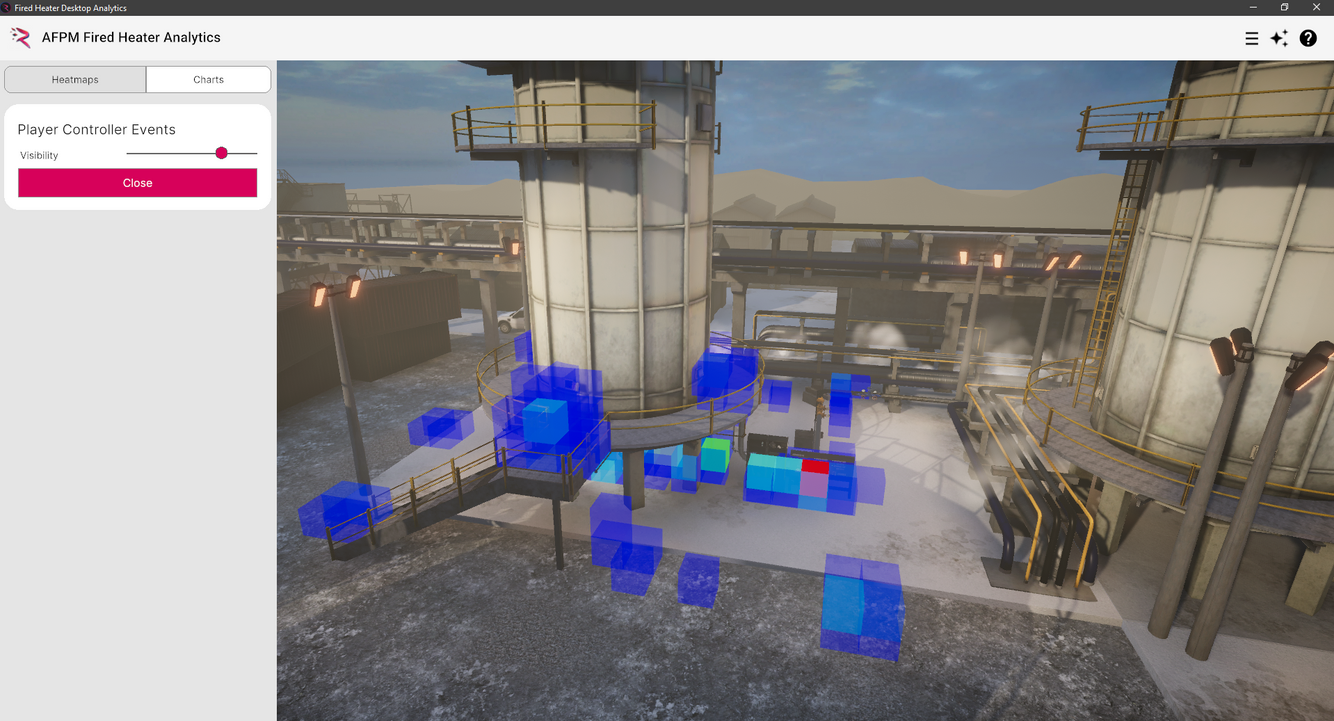 View of the simulation playback in the custom desktop app. A heatmap builds based on user position throughout the simulation.