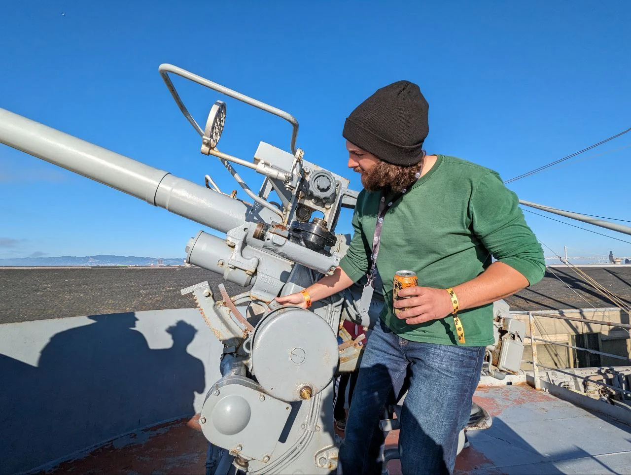 Eli inspecting part of the ship that Open Sauce was hosted on